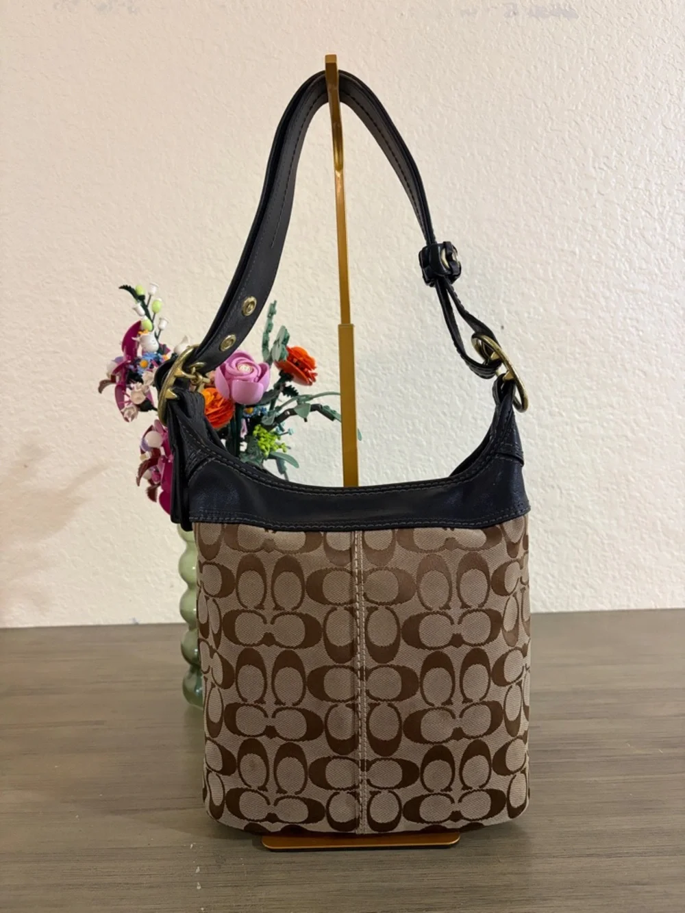 Coach 11437 Bleecker Brown Canvas Black Leather Bucket Crossbody 